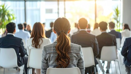 Fototapeta premium Business Conference Attendees Rear View with Natural Sunlight in Bright Background