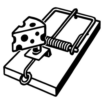 Iconic black and white illustration of a classic snap-style mouse trap, set with a tempting wedge of Swiss cheese bait. A powerful symbol of pest control, danger, temptation, and the classic struggle