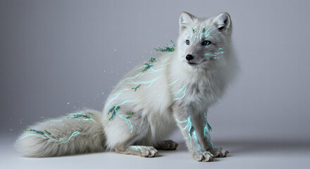 Arctic fox with glowing turquoise accents a fantasy creature on a white background