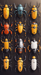 Robotic insects vector pack, 20 unique types with names beginning with "P", rounded joints and brushed aluminum details, futuristic cozy mood,