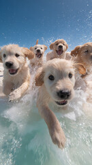 Excited Golden Puppies Charging Through Water