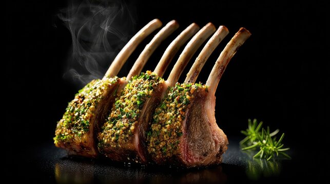 Succulent Rack of Lamb with Herb Crust and Steam on Dark Background