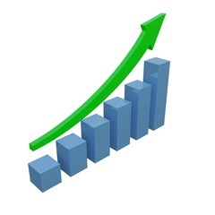 3D render of a blue bar chart with a rising green arrow symbolizing financial growth, profit, business success, positive trend, investment, economy expansion, and economic performance concept.