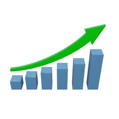3D render of a blue bar chart with a rising green arrow symbolizing financial growth, profit, business success, positive trend, investment, economy expansion, and economic performance concept.