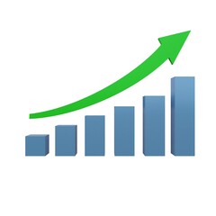 3D render of a blue bar chart with a rising green arrow symbolizing financial growth, profit, business success, positive trend, investment, economy expansion, and economic performance concept.