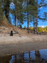 A black Russian terrier sits on a river beach