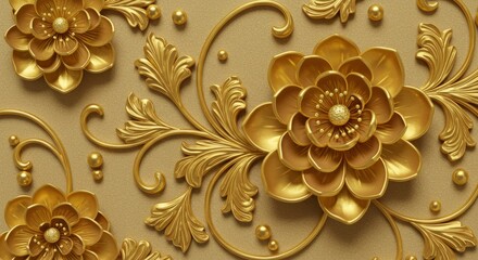 Closeup of golden floral embossed pattern with swirls and small beads on a beige background