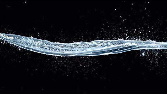 A dynamic wave of clear liquid water splashing and flowing against a dark background with small droplets suspended in motion