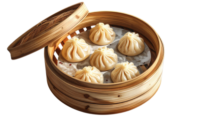  Wonton Dumplings in Bamboo Steamer, Angled Side View, Digital Painted Style, Isolated on Transparent Background.
