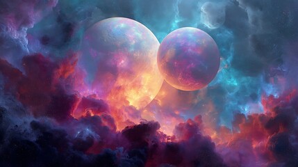 Obraz premium Two celestial spheres amidst a vibrant nebula, showcasing cosmic beauty and artistic expression.