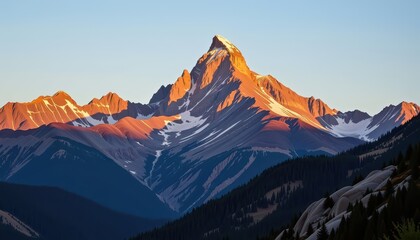 Fototapeta premium Majestic mountain peak viewed from a valley, bathed in the golden light of sunrise or sunset, amazing, outdoor