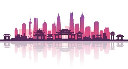 A vibrant pink and purple silhouette skyline of a modern city with traditional asian architectural elements