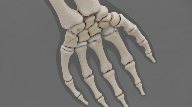 Anatomical 3D rendering of the bones in a human hand and wrist joint against a gray background.