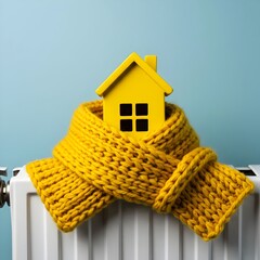 house wrapped in a cosy warm scarf on a radiator. Background, Home heating concept, wallpaper 