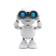 Friendly white robot with binoculars on transparent background