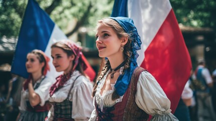 Young women in traditional attire proudly display the French flag at a vibrant cultural festival, celebrating heritage and unity.