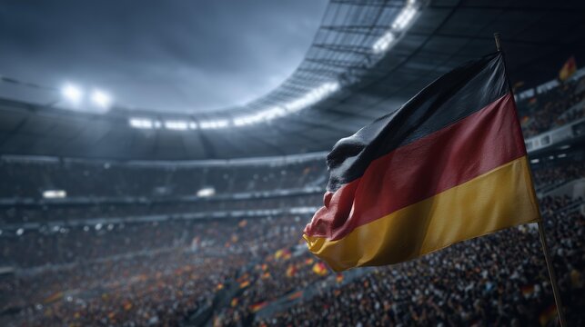 Germany's national flag waving proudly in a packed stadium, showcasing vibrant colors and a spirited atmosphere during a sporting event. - Powered by Adobe