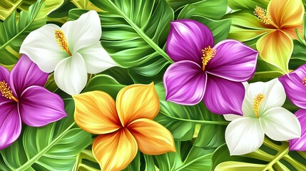 Obraz premium Tropical hibiscus flower blossom seamless pattern, vibrant leaves illustration, nature background