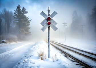 Snow covered railroad crossing signal in a misty winter landscape