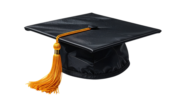 Black graduation cap with golden tassel, isolated on transparent background, symbol of education success and achievement.
