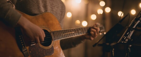 The acoustic guitar in hands of musician performing intimate live set with warm bokeh lights