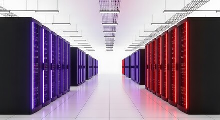 Modern data center with rows of illuminated server racks, glowing with purple and red lights