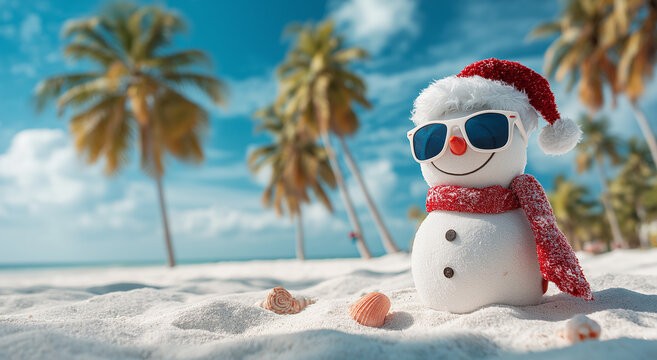 photo of a smiling snowman wearing sunglasses and a santa claus hat, set on a beach with a blue sky, palm trees in the background - Powered by Adobe