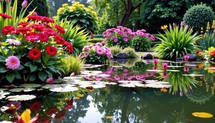 Fototapeta premium Serene garden pond reflecting vibrant blooms, lush greenery surrounding tranquil water, idyllic summer scene, shadows, garden, flora