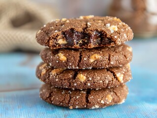Delicious stack of chocolate fudge cookies with nut crumbs and one bite missing