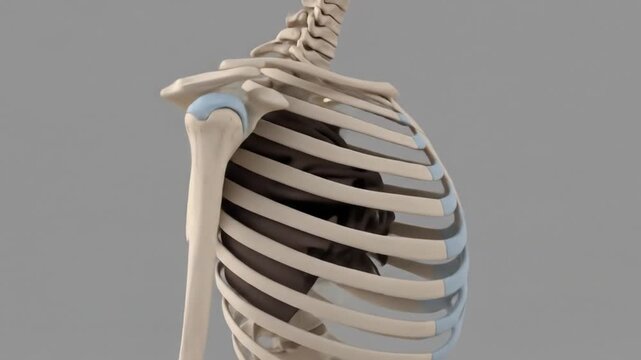 Human rib cage and shoulder bones, side view.