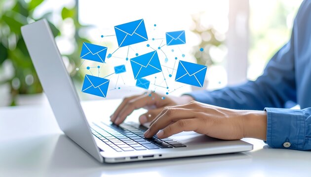 Person working on a laptop sending and receiving emails, digital communication