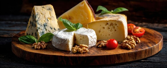 The Cheese Platter of Assorted Artisan Cheeses with Walnuts and Cherry Tomatoes
