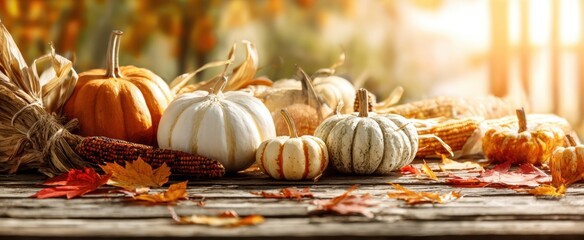 The Pumpkins and Gourds Autumn Harvest Display on Rustic Wooden Table with Sunlight
