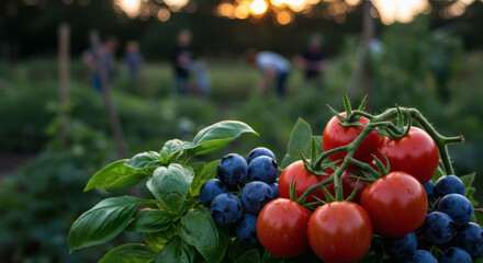 Fresh tomatoes and blueberries with basil leaves on a transparent background garden harvest