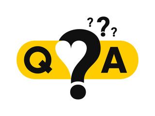 Modern Q&A vector illustration with question and answer concept and heart icon. Flat design in yellow, black, white. Perfect for FAQ, support, help center, quiz, or knowledge base graphics