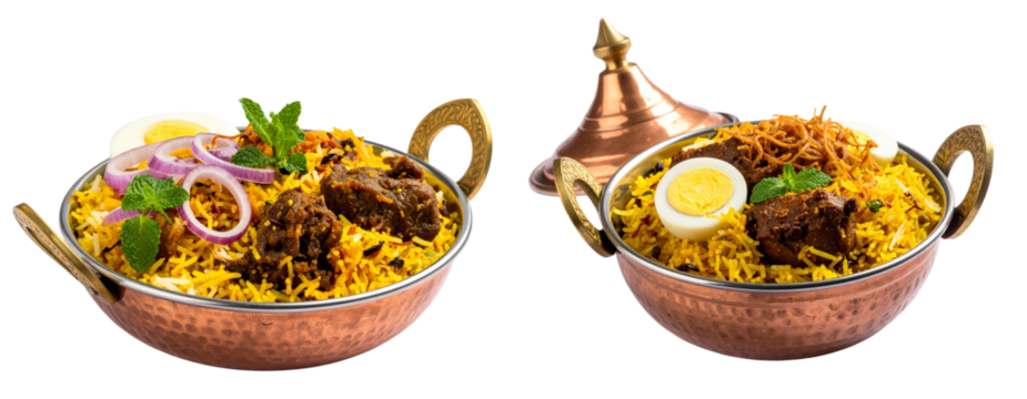 Set Of Authentic Indian Mutton Biryani in Traditional Copper Handi PNG
