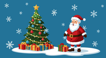 A jolly Santa Claus stands beside a beautifully decorated Christmas tree adorned with ornaments and gifts, celebrating the festive holiday season with a snowy backdrop and twinkling snowflakes