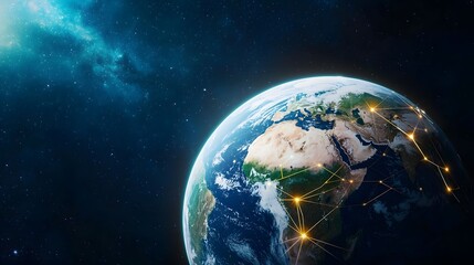 The image features a depiction of Earth from space, set against a backdrop of a nebula-filled cosmos, with illuminated lines suggesting connections or data flow across the surface.