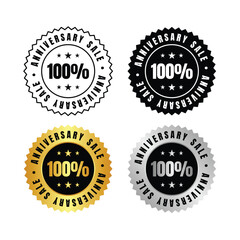 100 percent  four anniversary sale badges in black gold and silver with one hundred inside the circle