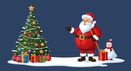 Festive Santa Claus Character with Decorated Christmas Tree, Gift Boxes, and a Snowman companion, illustrating the magic of the holiday season and winter celebrations