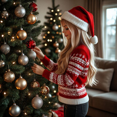 A blonde girl in a New Year's hat and sweater is decorating a Christmas tree