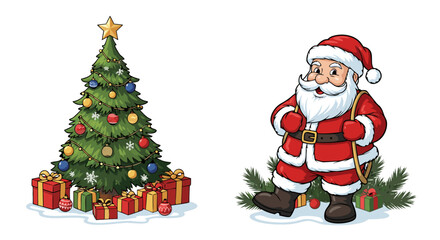 Festive Christmas Tree Adorned with Ornaments and Gifts, Alongside a Jolly Santa Claus Delivering Presents, Symbolizing Holiday Cheer and Season's Greetings