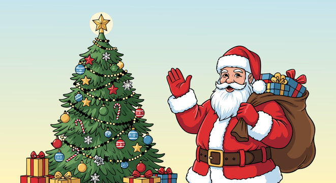 A cheerful cartoon Santa Claus waves hello beside a decorated Christmas tree, ready to deliver gifts in his sack