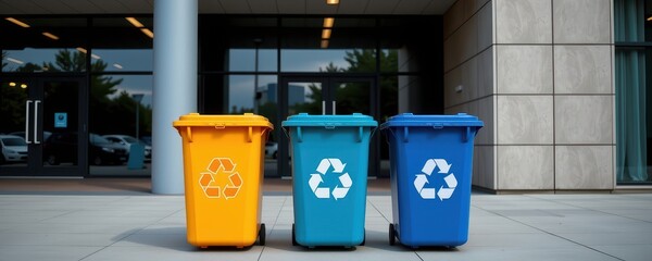 Three triangularly arranged recycling bins for paper, plastic, and glass stand against a modern building, paper, triangular, waste