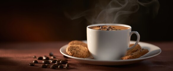 The Coffee Cup Steaming Hot Coffee with Chocolate Chip Cookies on Rustic Table
