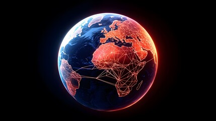 The image shows a stylized globe on a dark background, with the continents of Africa and Europe highlighted with a bright red network of interconnected lines.