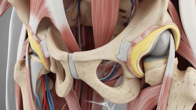 Detailed anatomical illustration of the human pelvis and hip joint.