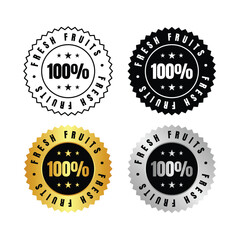 100 percent  four fresh fruits labels in black, gold, silver and outline design with a round shape and stars inside