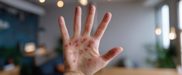 The Hand with Red Rash and Blisters in Soft Focus Office Background