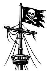Striking black and white vector illustration of a tattered Jolly Roger pirate flag with skull and crossbones, flying from a ship's mast. Features rigging and a crow's nest. Evokes high seas adventure,